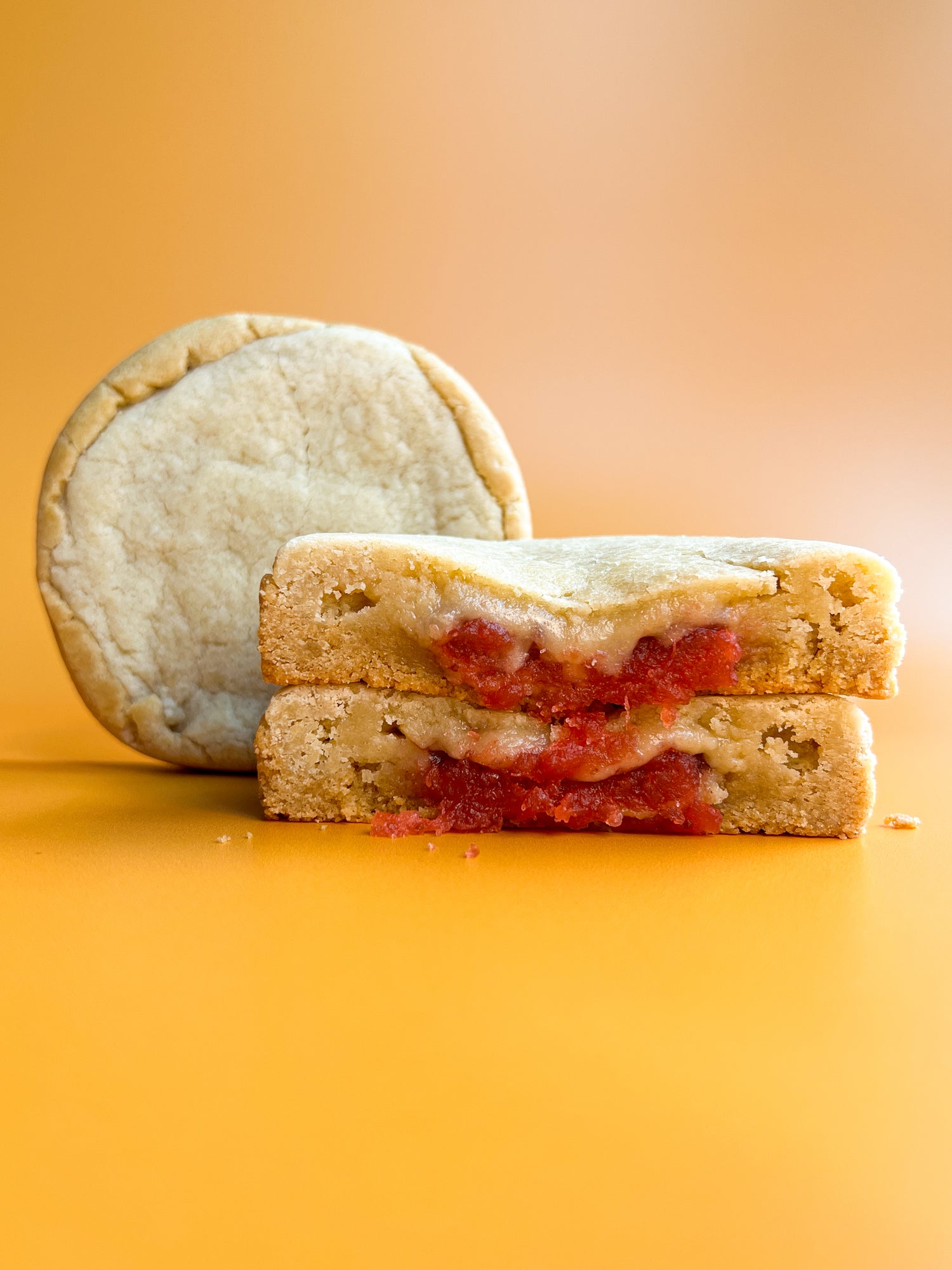 Gooey inside of the PB&J stuffed inside out cookie