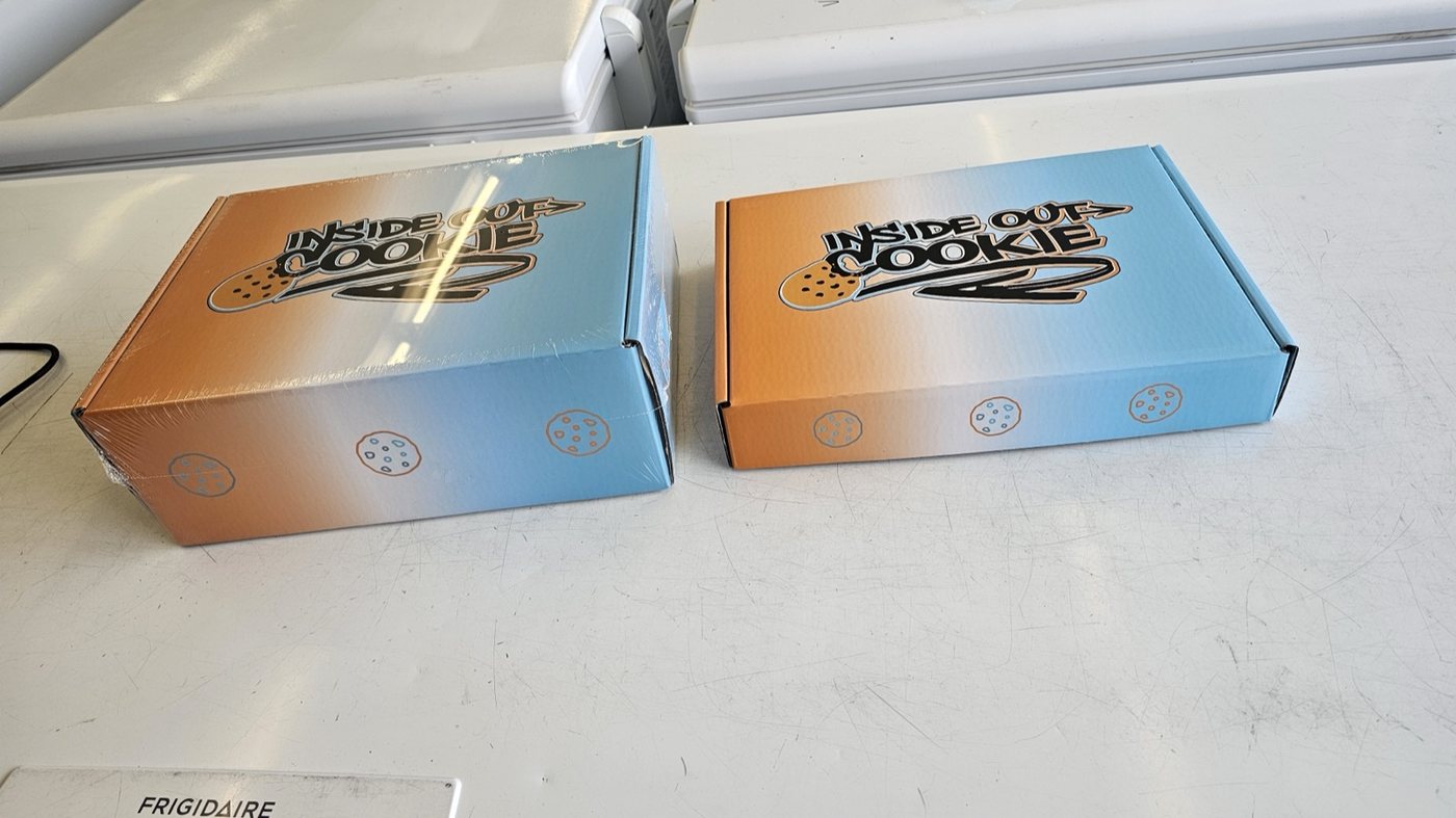 An Inside Out Cookie shipping box, sealed