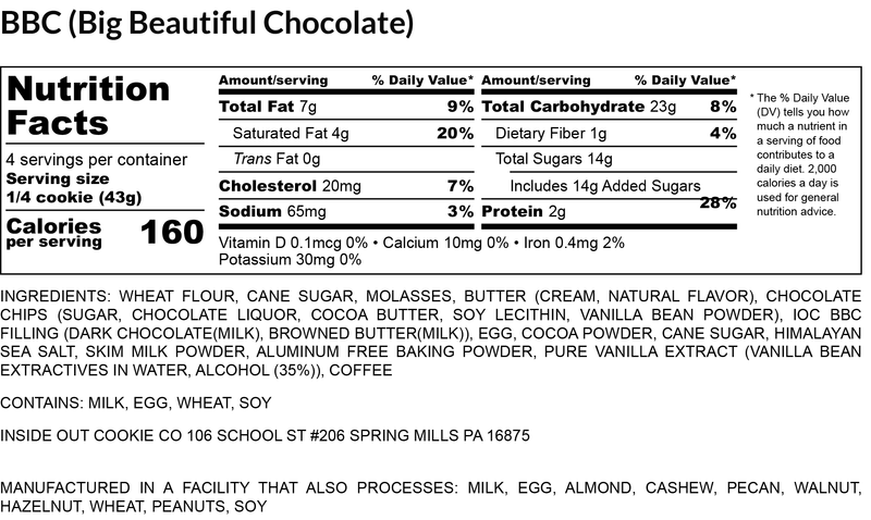 BBC Big Beautiful Chocolate nutrition facts label