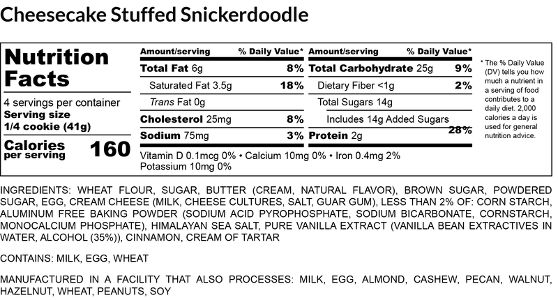 Cheesecake Stuffed Snickerdoodle nutrition facts label