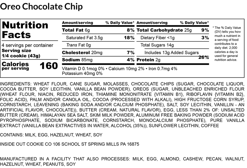 Oreo Stuffed Chocolate Chip nutrition facts label
