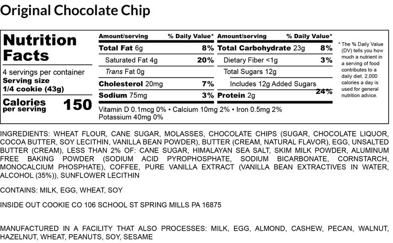 Original Chocolate Chip nutrition facts label