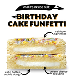 what inside the birthday cake funfeetti stuffed inside out cookie. Cheesecake frosting and sprinkles cake batter cookie dough