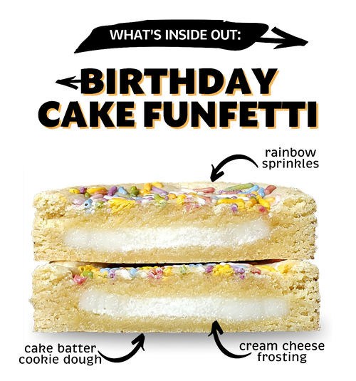 what inside the birthday cake funfeetti stuffed inside out cookie. Cheesecake frosting and sprinkles cake batter cookie dough