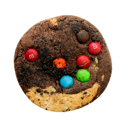 Inside Out Cookie top of brookie monster stuffed cookie with m&ms